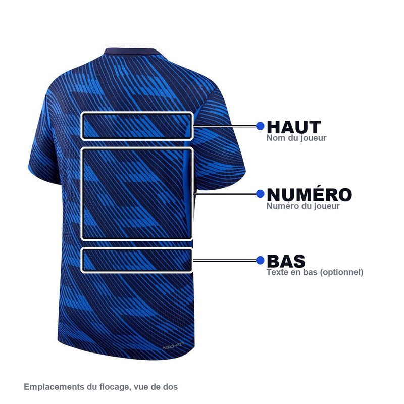 Emplacement du flocage sur le dos du maillot : haut, numéro, bas
