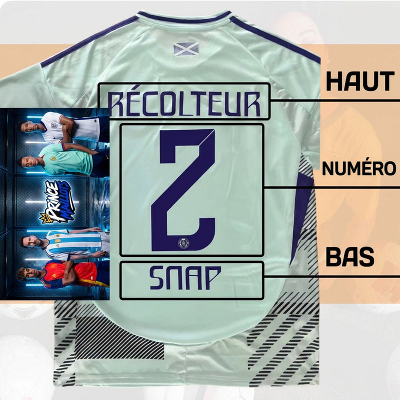 Emplacement du flocage sur le dos du maillot : haut, numéro, bas