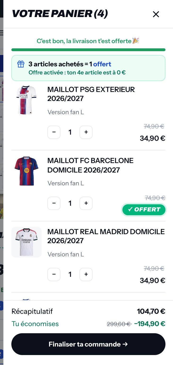 Le panier Prince Maillots avec 4 articles, le 4e à 0 €